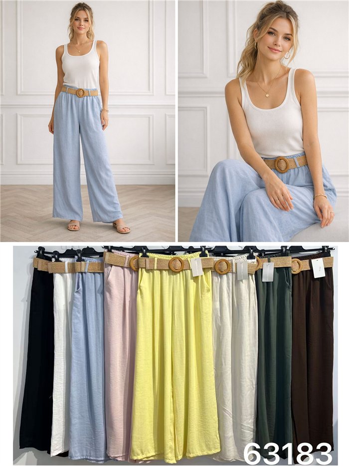 Pantaloni palazzo con cintura in rafia