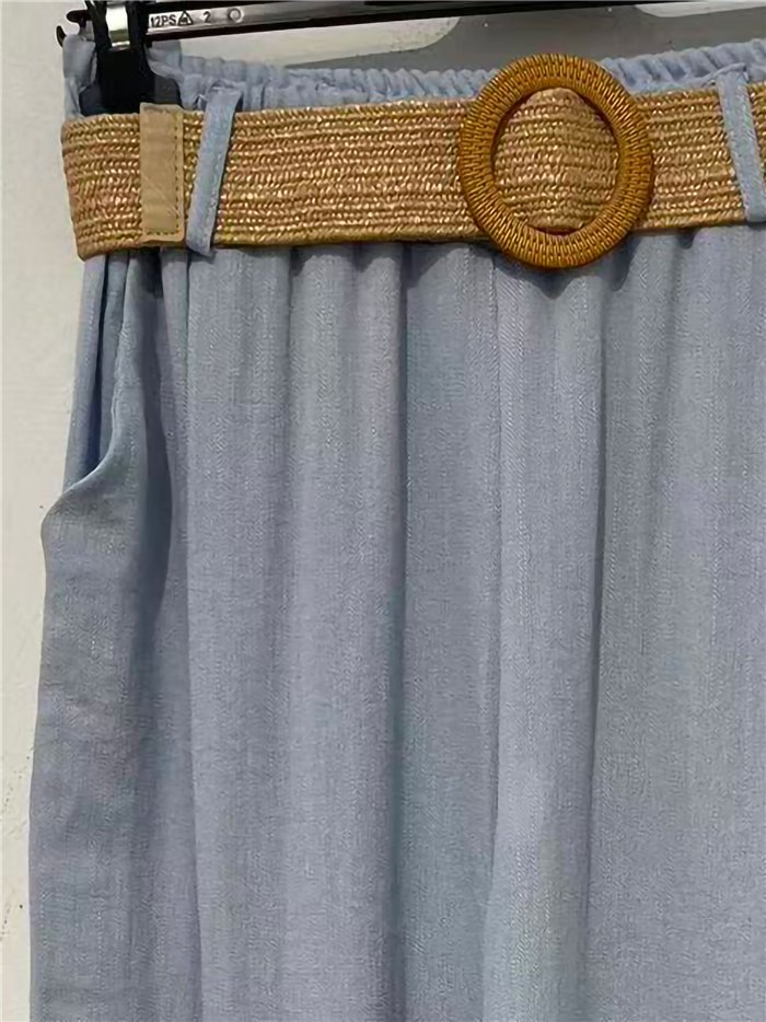 Pantaloni palazzo con cintura in rafia