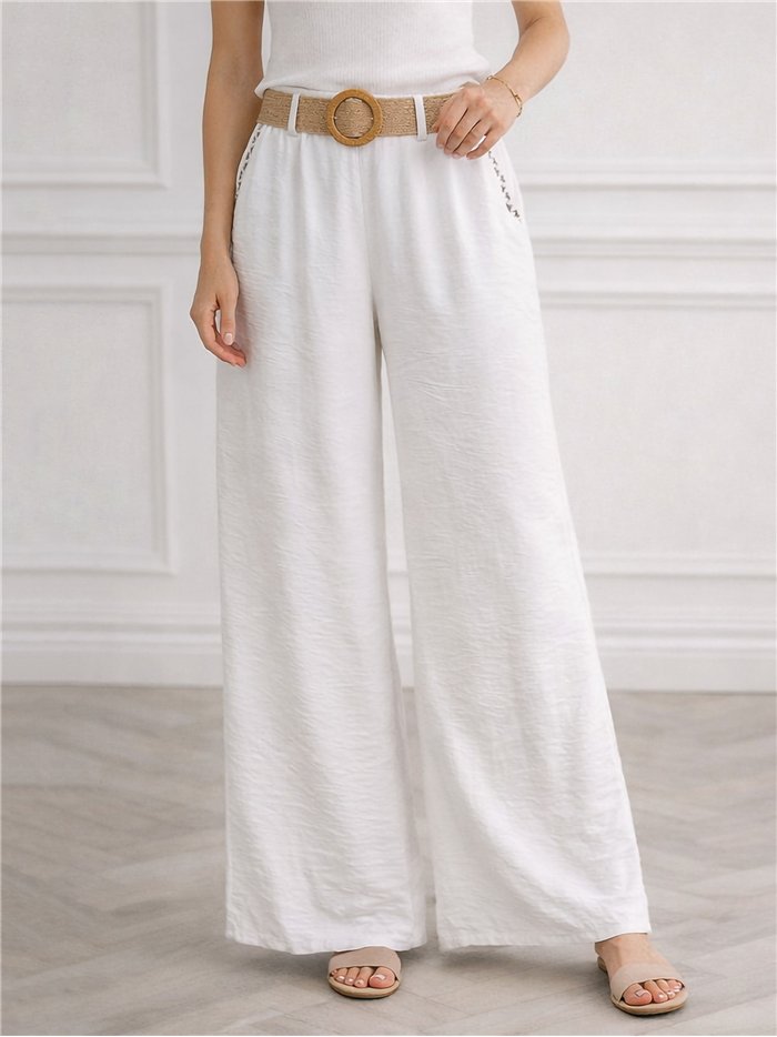 Pantalón wide-leg ribete contraste con cinturón rafia
