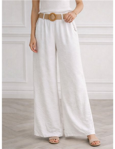 Pantalón wide-leg ribete contraste con cinturón rafia
