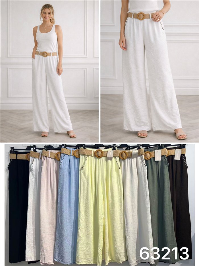 Pantalón wide-leg ribete contraste con cinturón rafia
