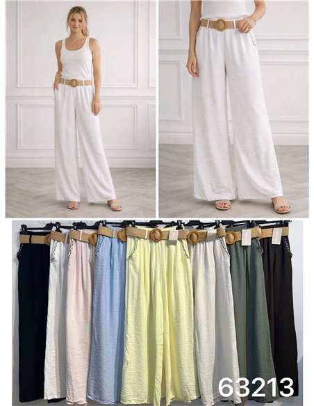 Pantalón wide-leg ribete contraste con cinturón rafia