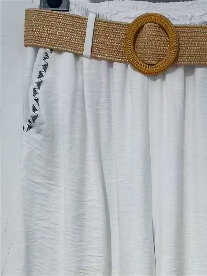 Pantalón wide-leg ribete contraste con cinturón rafia