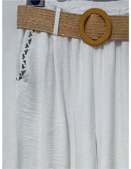 Pantalón wide-leg ribete contraste con cinturón rafia