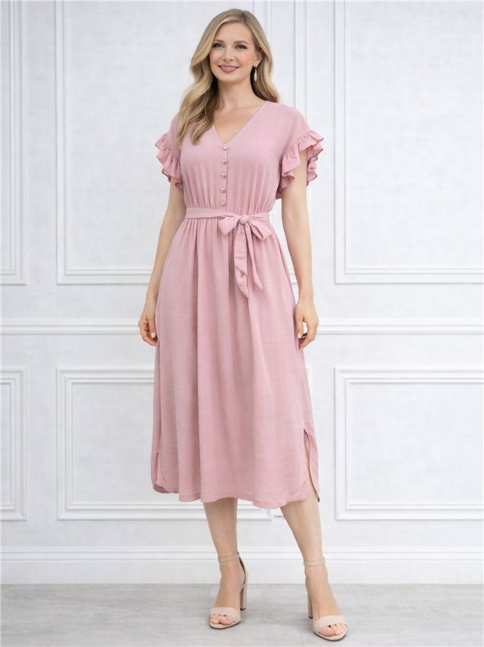 Vestido midi liso con lazada manga volantes