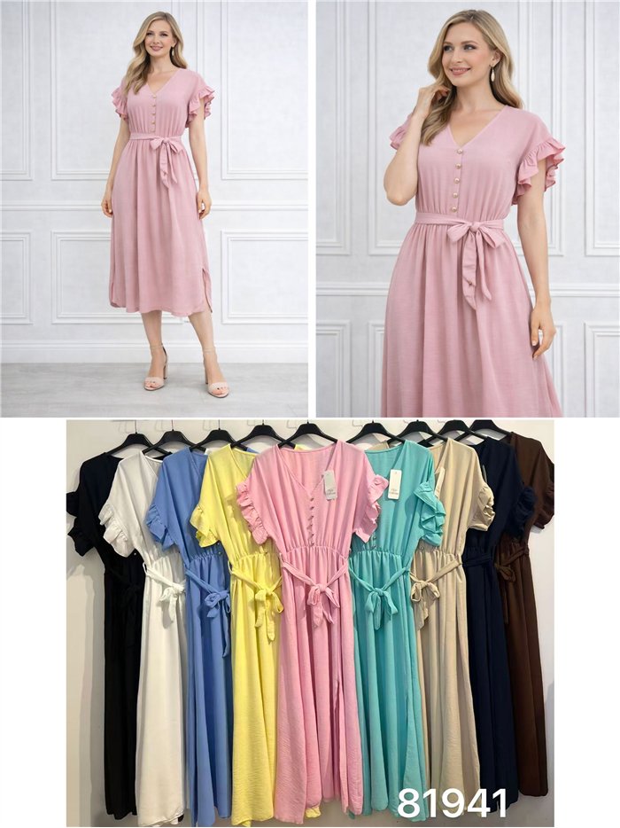 Vestido midi liso con lazada manga volantes