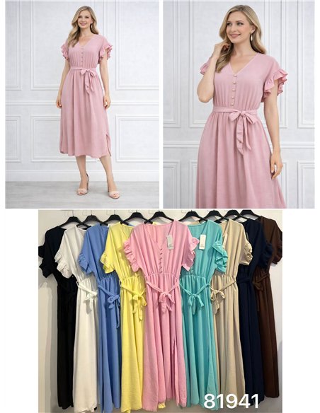 Vestido midi liso con lazada manga volantes