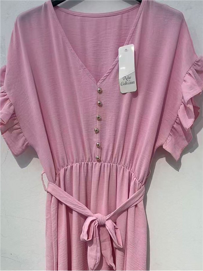 Vestido midi liso con lazada manga volantes