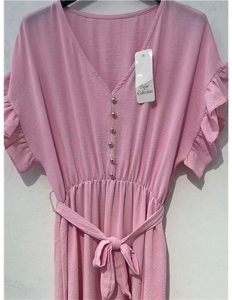 Vestido midi liso con lazada manga volantes