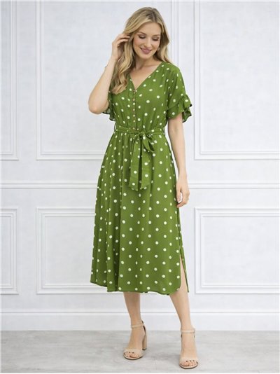 Abito midi a pois con maniche a volant da annodare