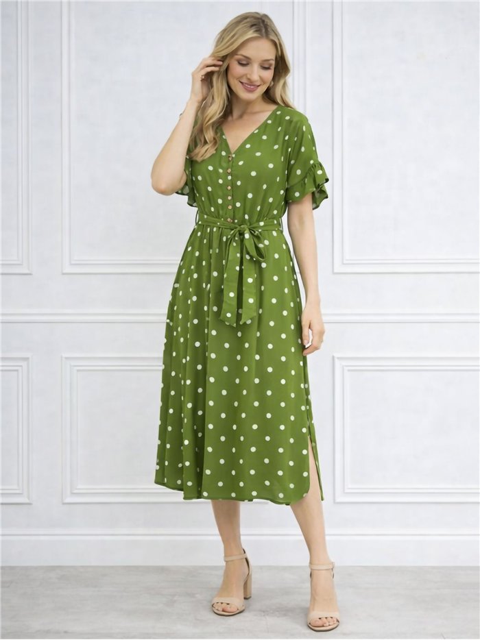 Abito midi a pois con maniche a volant da annodare