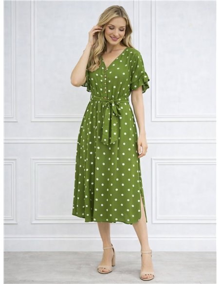Abito midi a pois con maniche a volant da annodare