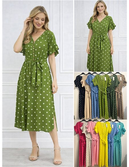 Abito midi a pois con maniche a volant da annodare