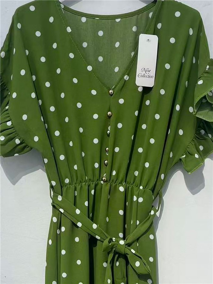 Abito midi a pois con maniche a volant da annodare