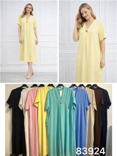 Vestido midi liso cuello pico detalle broche 2