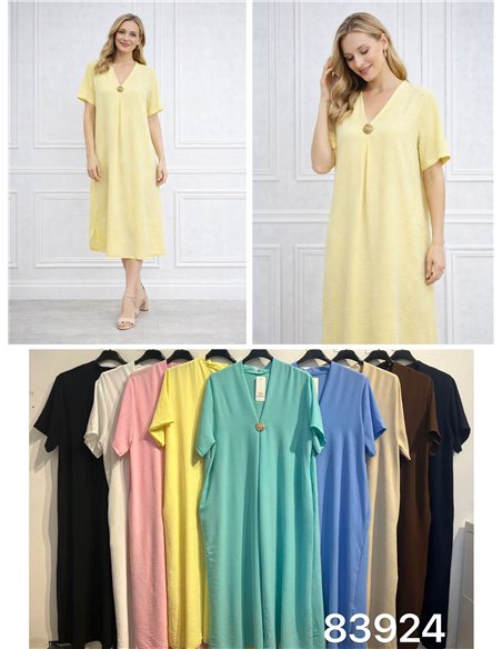 Vestido midi liso cuello pico detalle broche