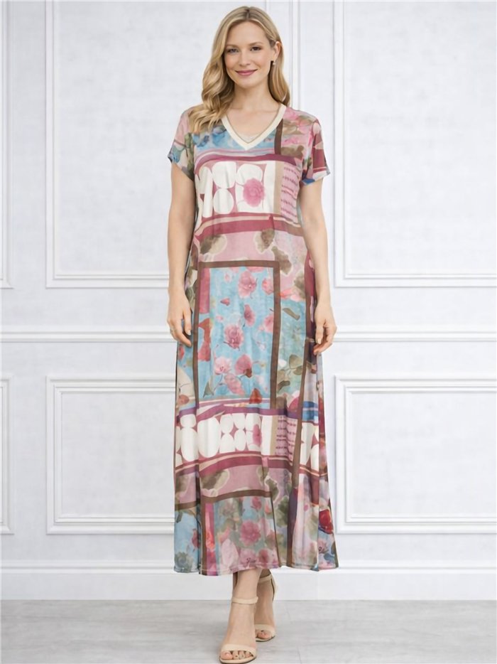 Vestido largo lycra estampado cuello pico