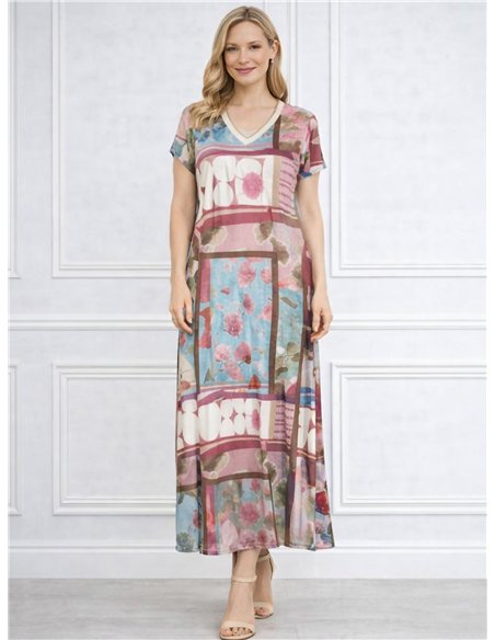 Vestido largo lycra estampado cuello pico