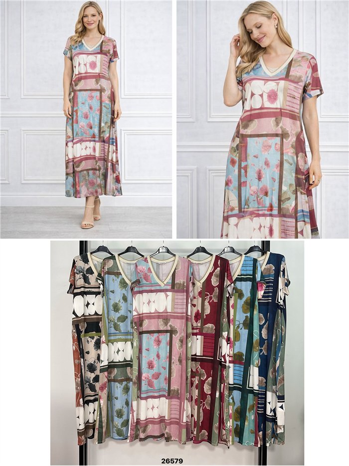 Vestido largo lycra estampado cuello pico