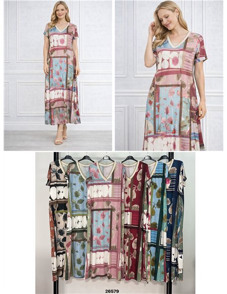 Vestido largo lycra estampado cuello pico