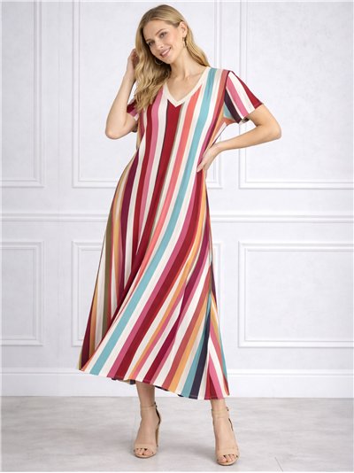 Vestido largo lycra rayas cuello pico