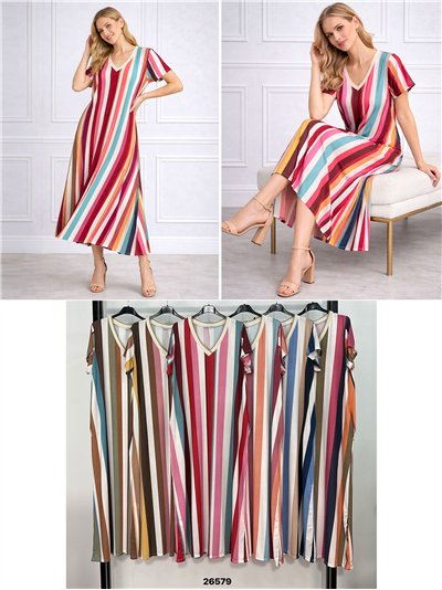 Vestido largo lycra rayas cuello pico 2