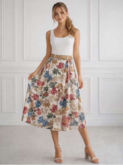 Jupe midi fleurie avec ceinture | ZD-26564-FLORAL | B2B