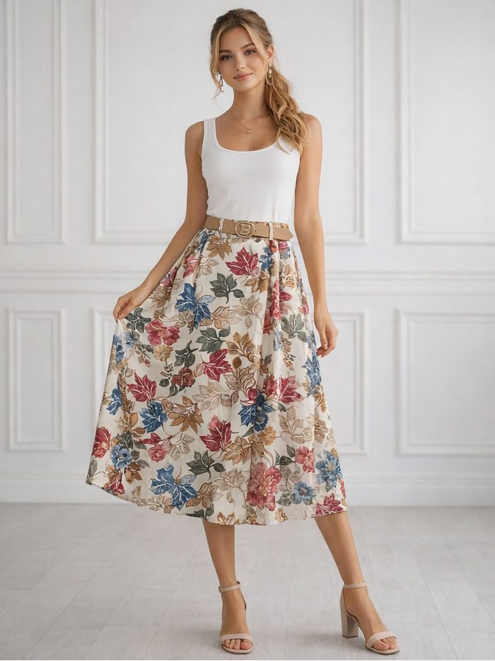 Floral belt midi skirt | ZD-26564-FLORAL | B2B | Eshermosa