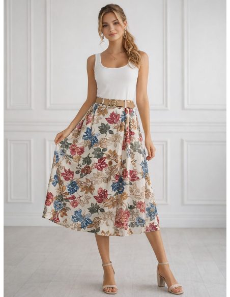 Falda midi floral con cinturón
