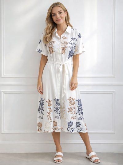 Abito a camicia con ricami floreali e cintura | ZD-6495-FLORAL