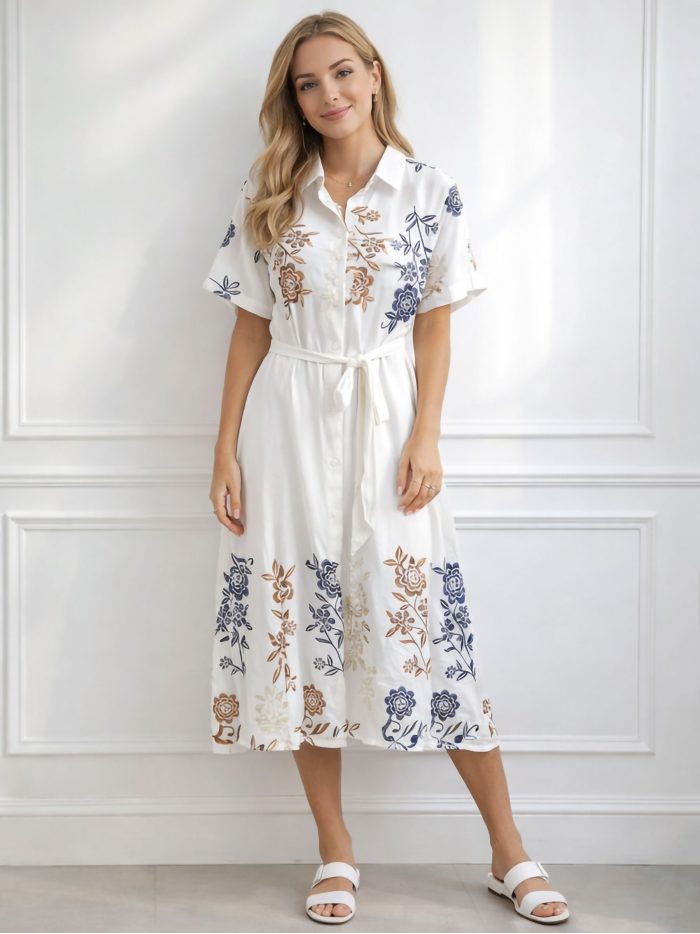 Abito a camicia con ricami floreali e cintura | ZD-6495-FLORAL