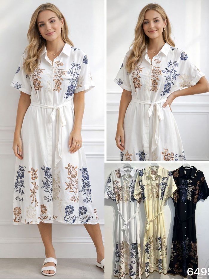 Abito a camicia con ricami floreali e cintura | ZD-6495-FLORAL