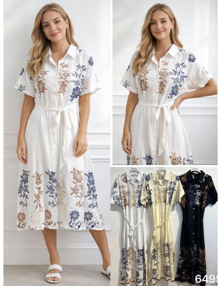 Abito a camicia con ricami floreali e cintura | ZD-6495-FLORAL