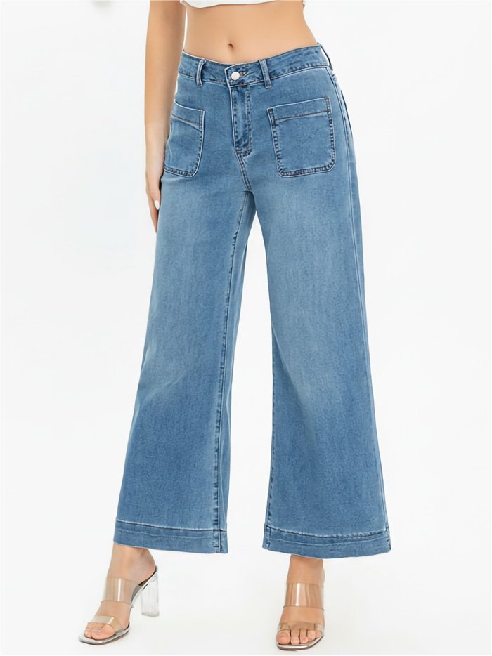 Jeans wide leg bolsillos plastrón