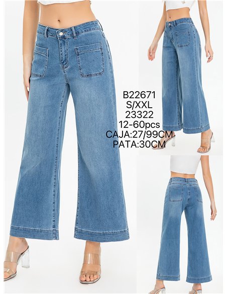 Jeans wide leg bolsillos plastrón