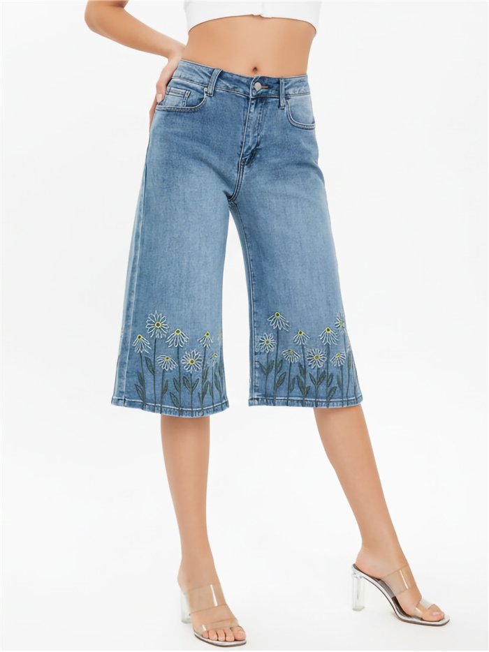 Jeans culotte bordados de flores