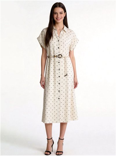 Vestido camisero midi con mini corazones y cinturón