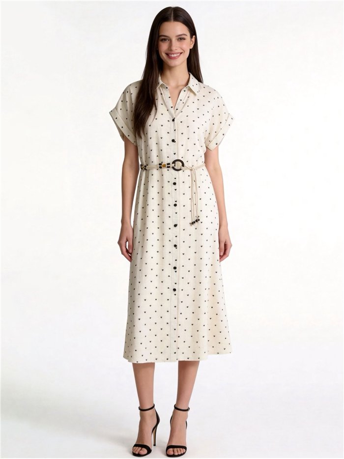 Vestido camisero midi con mini corazones y cinturón