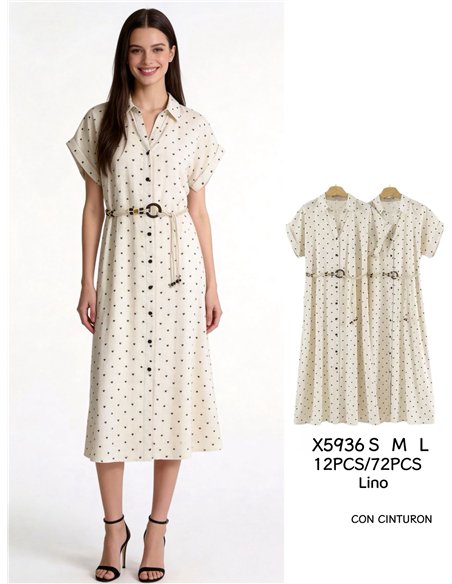 Vestido camisero midi con mini corazones y cinturón