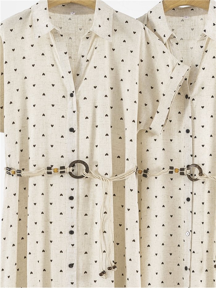 Vestido camisero midi con mini corazones y cinturón