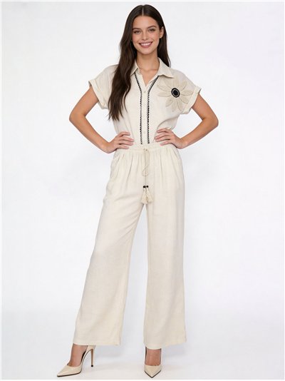 Conjunto de camisa bordada flor y pantalón wide-leg