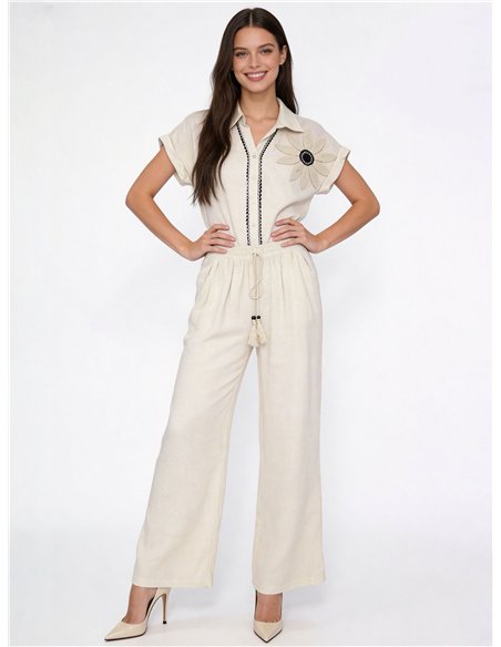 Conjunto de camisa bordada flor y pantalón wide-leg