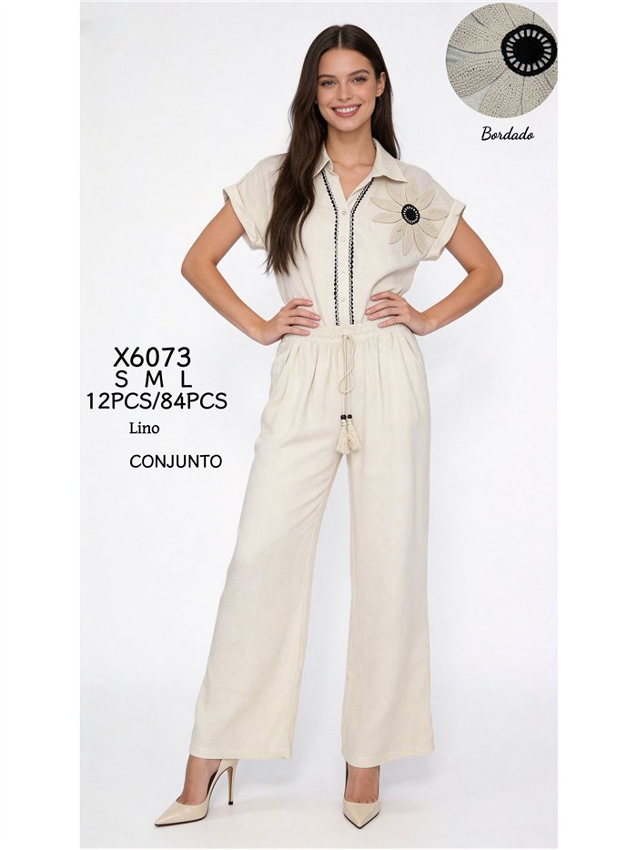 Conjunto de camisa bordada flor y pantalón wide-leg