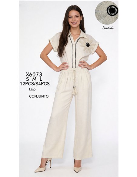 Conjunto de camisa bordada flor y pantalón wide-leg