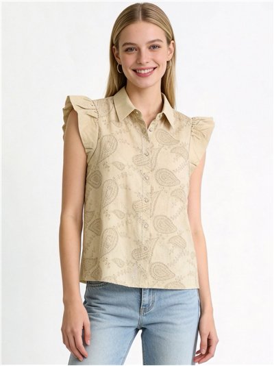 Blusa sem mangas com bordado paisley e babado.