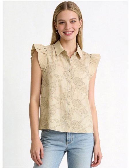 Blusa sin mangas con bordado paisley y volante