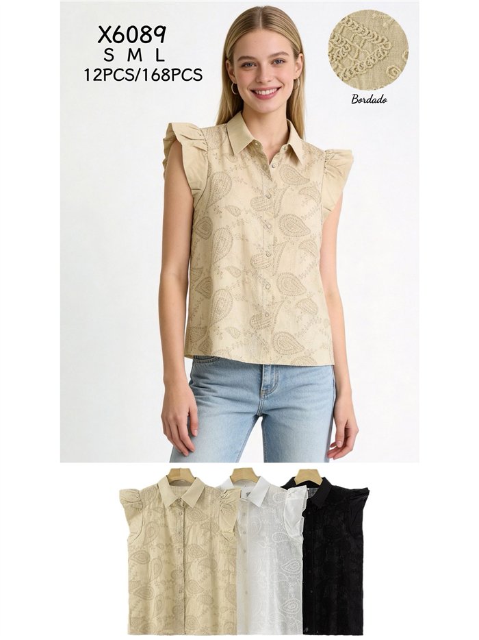 Blusa sin mangas con bordado paisley y volante