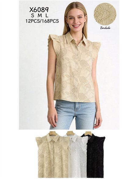 Blusa sin mangas con bordado paisley y volante