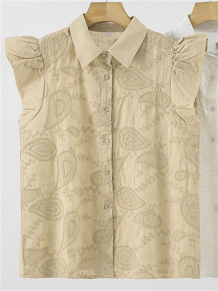 Blusa sin mangas con bordado paisley y volante