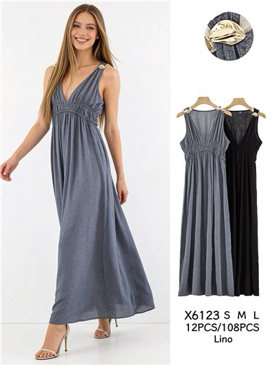 Vestido largo escote pico con detalle metálico 2